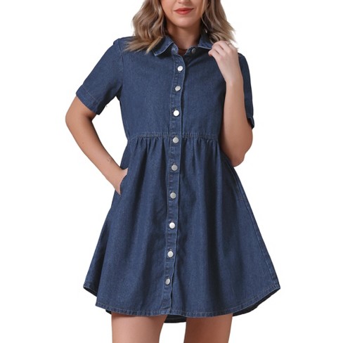 INSPIRE CHIC Women's Denim Short Sleeve Button Down Turndown Collar Babydoll Mini Shirt Dresses - image 1 of 4