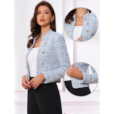 INSPIRE CHIC Women's Tweed Stand Collar Business Open Front Cropped Jacket Small Blue — фото 3
