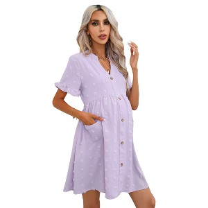 Clearlove Summer Dress Casual Lantern Sleeve V Neck Button Dress Swing Flowy Maternity Dresses - 1 of 4