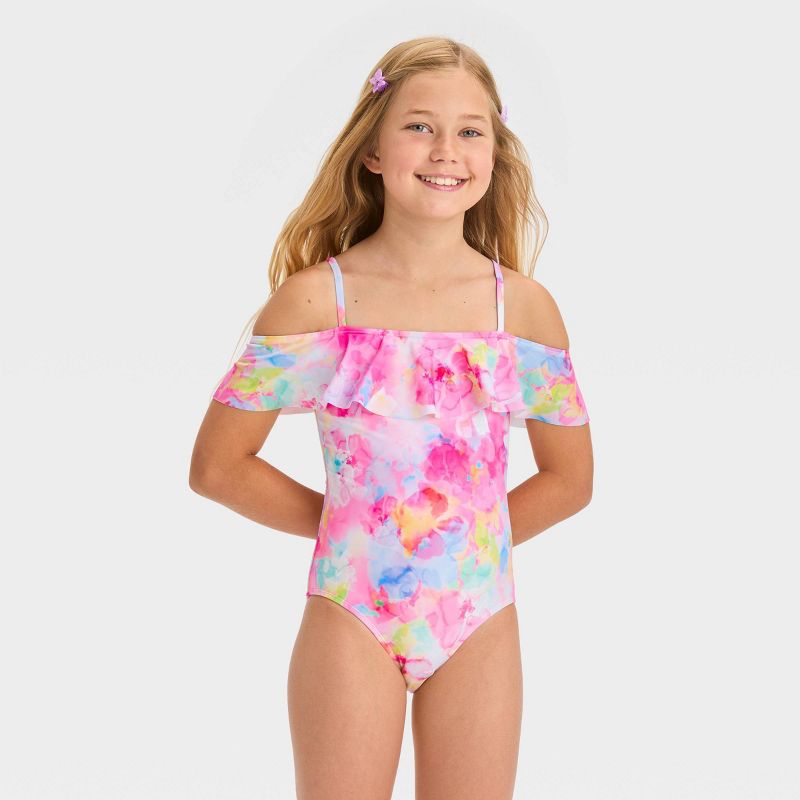 Girls' 'Flower Daydream' Floral Printed One Piece Swimsuit - Cat & Jack™ White/Pink, 1 of 5