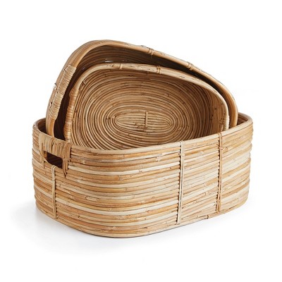Plum & Post Cane Rattan Rectangular Baskets With Handles, Set Of 3
