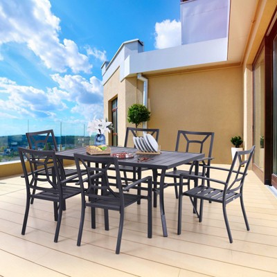 7pc Patio Dining Set with 59"x35" Steel Table with 2.6" Umbrella Hole & Steel Arm Chairs - Black - Captiva Designs
