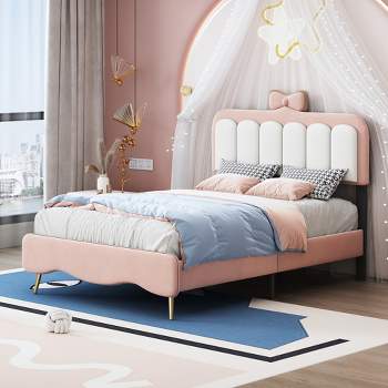 Twin/Full Size Velvet Princess Bed With Bow-Knot Headboard, White+Pink 4A - ModernLuxe