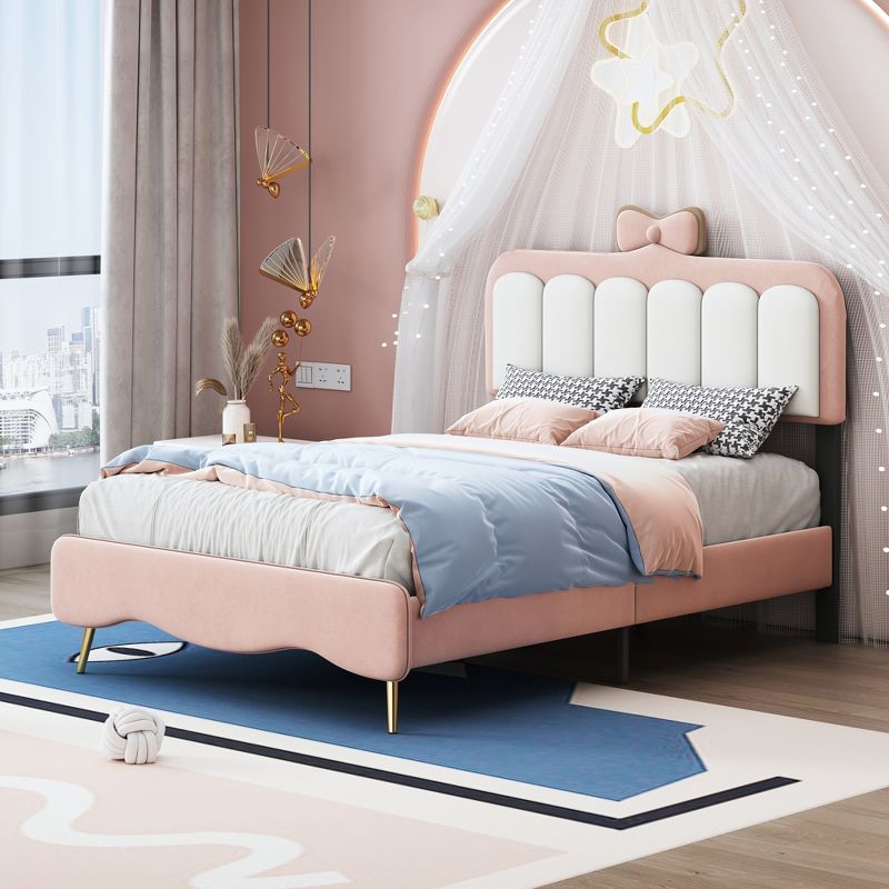 Twin/Full Size Velvet Princess Bed With Bow-Knot Headboard, White+Pink 4A - ModernLuxe, 1 of 8