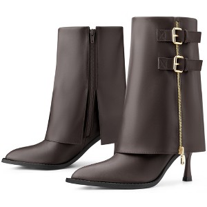 BLISSFUL STEP Women's Pointed Toe Mid Calf Fold Over Buckle Stiletto Heel Booties - 1 of 4