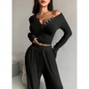 Women's V-Neck Button-Down Long Sleeve Top & Wide-Leg Pants Set, Casual Loungewear Outfit Black S - 3 of 4