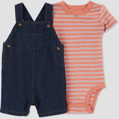 Carter's Just One You®️ Baby Girls' Striped Chambray Shortalls Top and Bottom Set - Orange/Blue Newborn