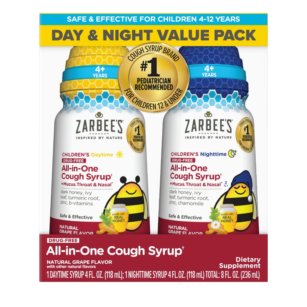Zarbee's Kids' All In One Cough Syrup Day/Night Value Pack - Grape - 4 fl oz/2pk: Liquid Form, With Honey