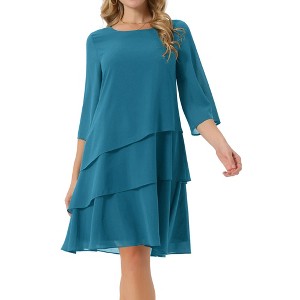 INSPIRE CHIC Women's Round Neck Semi Sheer 3/4 Bell Sleeve Asymmetrical Layered Tiered Midi Dress - 1 of 4