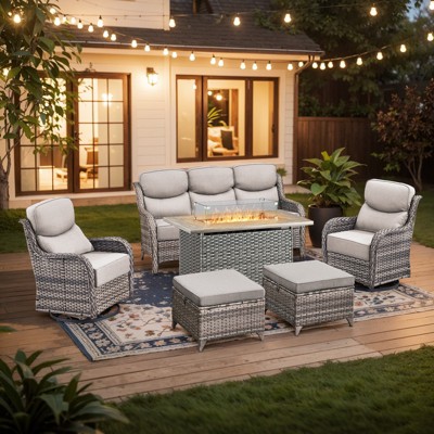 Outdoor Patio Furniture Set with 41" propare  Fire Pit Table - PE Wicker Patio Conversation Sets - 7 Seats Outdoor Sectional Chair Sofa Set