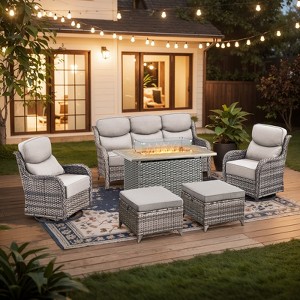 Outdoor Patio Furniture Set with 41" propare  Fire Pit Table - PE Wicker Patio Conversation Sets - 7 Seats Outdoor Sectional Chair Sofa Set - 1 of 4