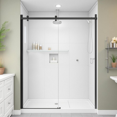 Matte Black Semi-Frameless Shower Door, Twin Sliding SGCC Tempered Glass Panels - image 1 of 3