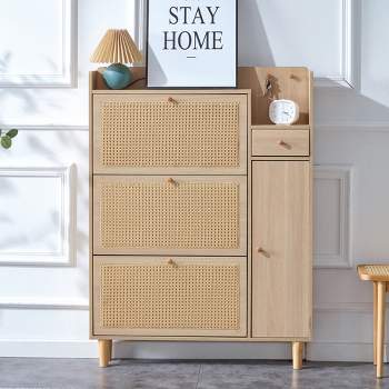 Modern Simple Rattan Shoe Cabinet with 4 Drawers and 1 Door, Natural  - ModernLuxe