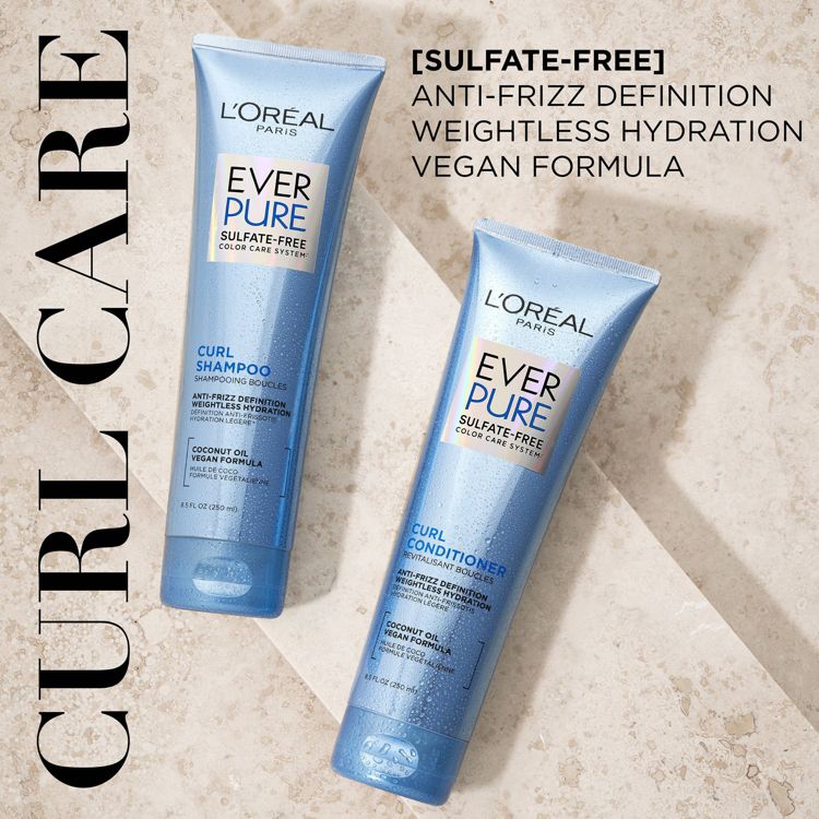 Two blue colored tubes of L'Oreal Paris Ever Pure Curl Shampoo and Curl Conditioner with text highlighting sulfate-free, anti-frizz, weightless hydration, and vegan formula.