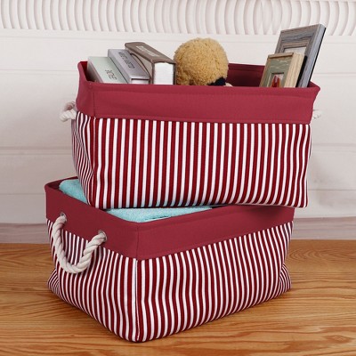 2 Pcs 15.7x11.8x8.3Inch Cotton Foldable Stripe Pattern with handles Storage Bin Box Red White  - PiccoCasa