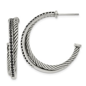 Black Bow Jewelry 5mm Antiqued Twisted & Black CZ Hoops in Stainless Steel, 34mm - 1 of 4