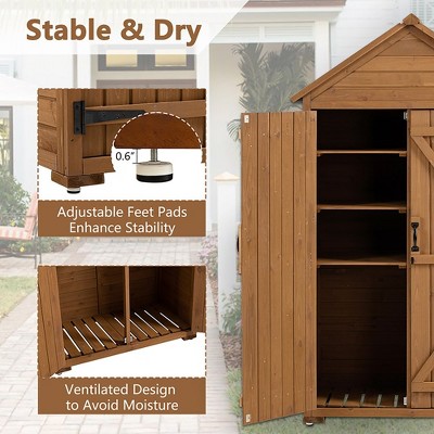 Brown Fir Wood Outdoor Storage Cabinet with Shelves and Lock