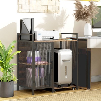 Rustic Brown Industrial Printer Stand with USB Ports and Adjustable Shelf