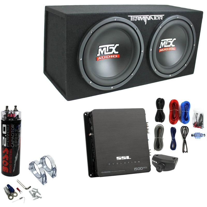 MTX TNE212D 12" 1200W Dual Loaded Subwoofer Box + Soundstorm 1500W Stereo Amplifier + 8 Guage Amplifier Wiring Kit + Boss Audio 20V Power Capacitor, 1 of 7