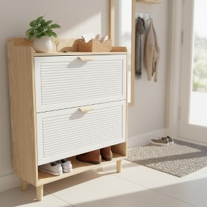 Homy Casa 2-Tier Flip Drawer Shoe Storage Cabinet with Solid Wood Legs, for Entryway, Natural - 1 of 4