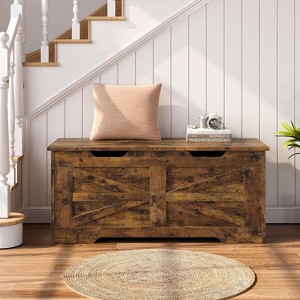 Farmhouse Storage Chest with Safety Hinge - Wide Entryway Bench with U-Shaped Cut-Out, Shoe Storage Trunk for Living Room - 1 of 4