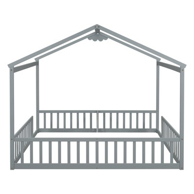 FONTOI Beds, Double Twin Floor Bed with Fence, Wood Bed with Guardrails for Girls and Boys, Gray, 78.2"*70.5"*83.9"
