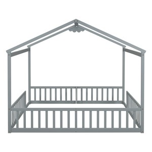 Fontoi Beds, Double Twin Floor Bed with Fence, Wood Bed with Guardrails for Girls and Boys, Gray, 78.2"*70.5"*83.9" - 1 of 4