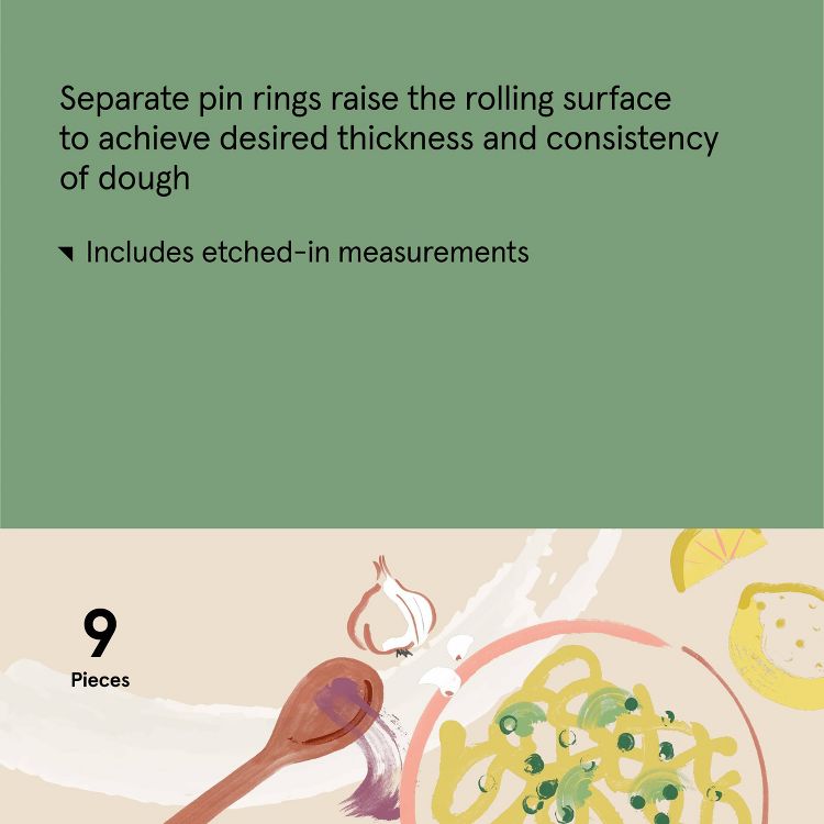 A graphic showing text about rolling pin rings for dough thickness and consistency, with a drawing of a wooden spoon, garlic, and a plate of pasta, labeled "9 Pieces."