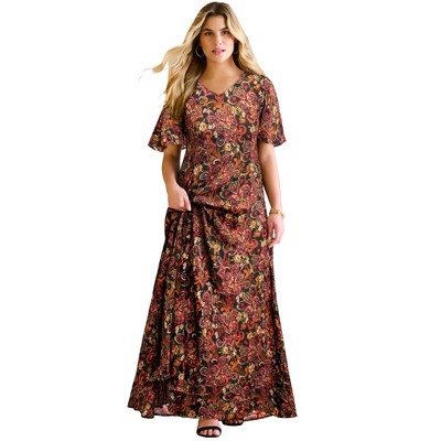 Roaman's Plus Size Hand Crinkled Flutter-Sleeve Maxi Dress