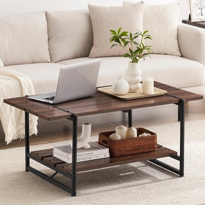 WhizMax 41'' Modern Industrial Large Wood Coffee Table with Storage Shelf, 2-Tier Rectangle Coffee Table Accent Furniture, Coffee Table