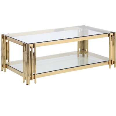 Vynxaria Rectangular Coffee Table ¨C Double-Layer Tempered Glass Top, Sturdy Stainless Steel Frame for Living Room