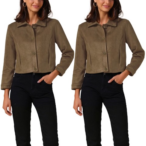 INSPIRE CHIC Women's Faux Suede Collared Vintage Long Sleeve Button Down Crop Jacket Small Brown 2 Packs Brown Medium