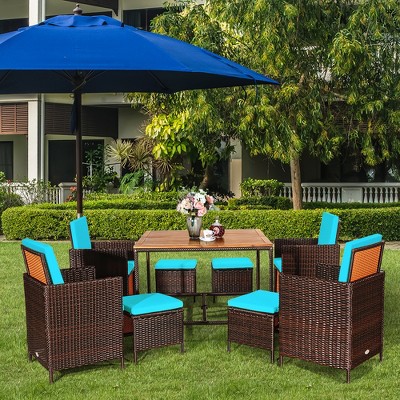 Turquoise PE Wicker and Acacia Wood 9-Piece Outdoor Dining Set