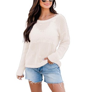 Clearlove Women's Crochet Tops Long Sleeve Hollow Out Beach Summer Sweater Boho Knit Coverup - 1 of 3