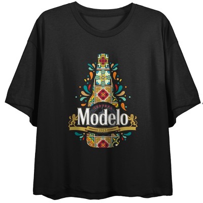Modelo Latin Composed Art Women's Black Short Sleeve Crop Tee