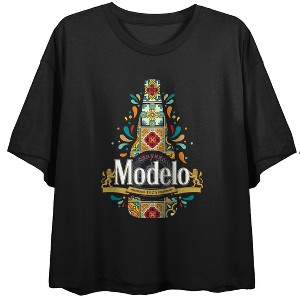 Modelo Latin Composed Art Women's Black Short Sleeve Crop Tee - 1 of 3