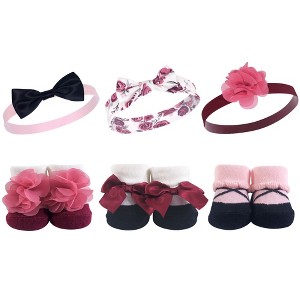 Hudson Baby Infant Girl Headband and Socks Giftset 6pc, Burgundy Floral, One Size - 1 of 2