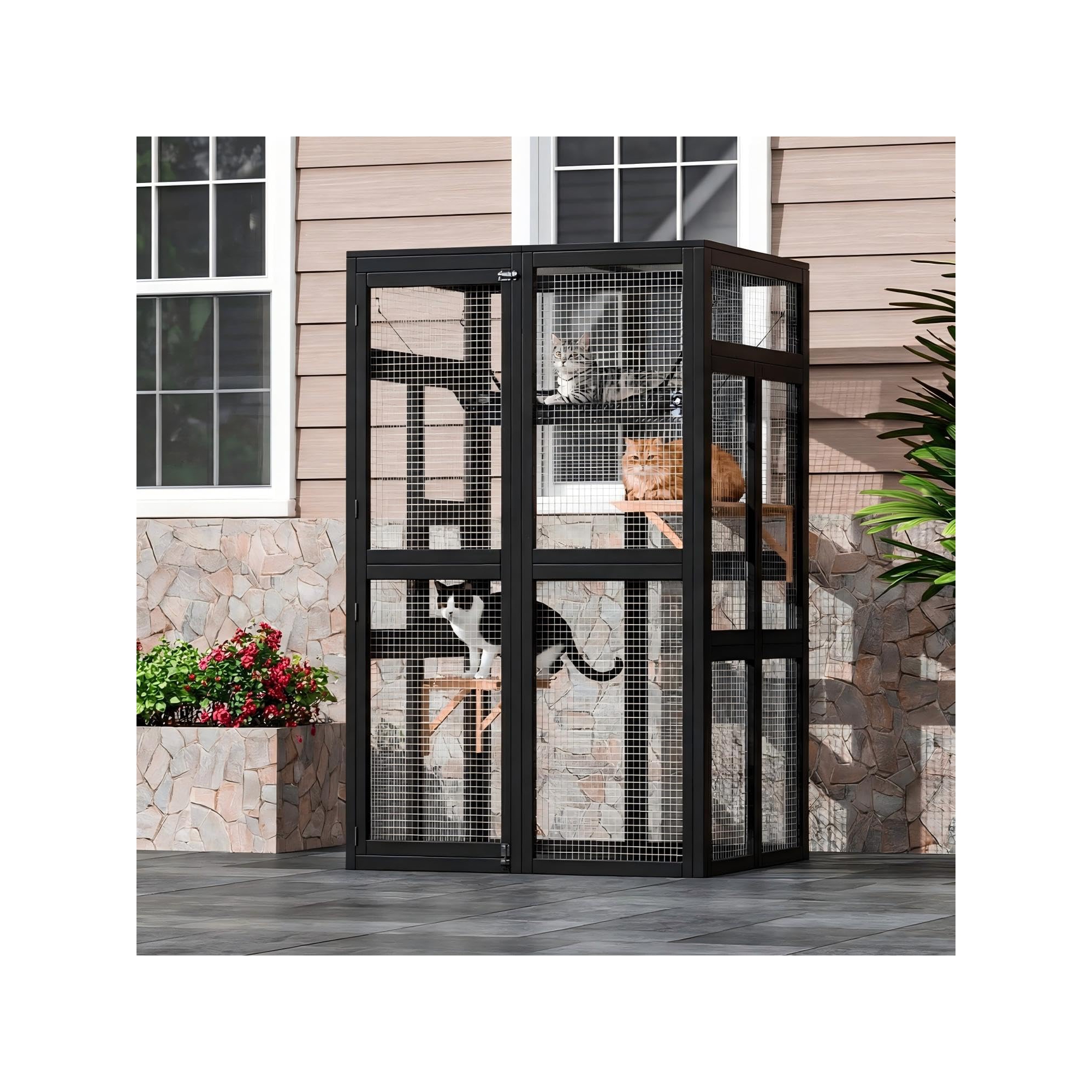 Wooden Catio Outdoor Cat Enclosure, 63.8" Large Wooden Cat House with Window Access, 2 Platforms & Hammock, Feral Cat Shelter for Patio, Yard