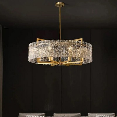 Siljoy Gold Crystal Chandeliers, Water Ripple Glass Drum Pendant Light Fixture with Adjustable Height, Glass Chandelier for Indoor