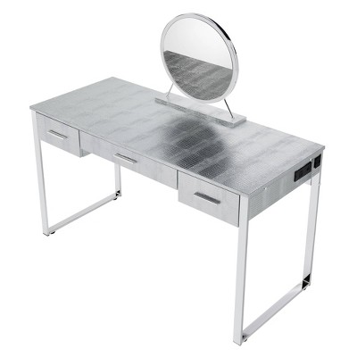 50" Antique White and Chrome Vanity Set with Faux Fur Bench