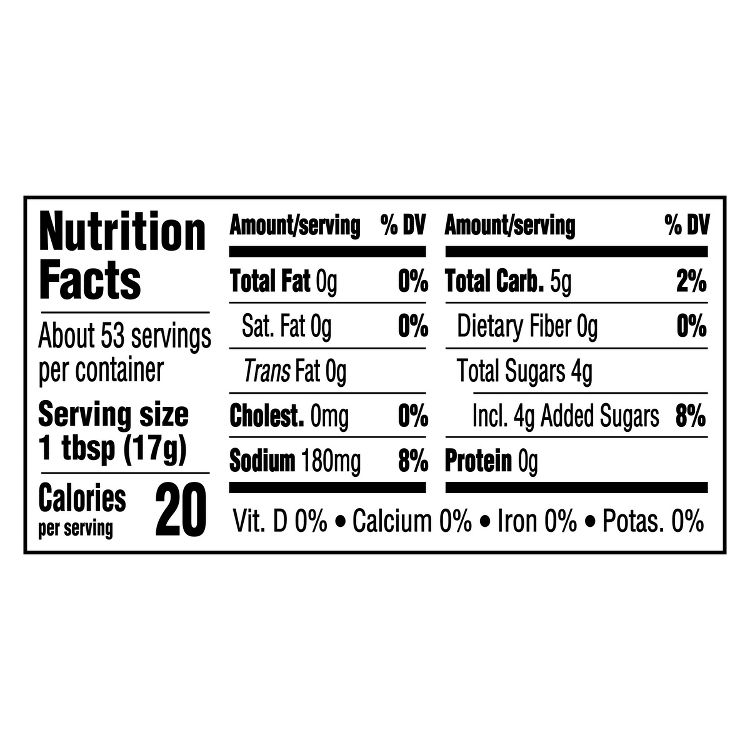 Nutrition Facts label showing serving size 1 tbsp (17g), about 53 servings per container, 20 calories per serving, sodium 180mg (8%), total carbs 5g (2%), total sugars 4g (incl. 4g added sugars 8%).