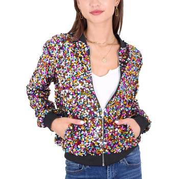 Anna-Kaci Women's Sequin Jacket Sparkle Long Sleeve Front Zip Casual Blazer Bomber Jacket With Pockets