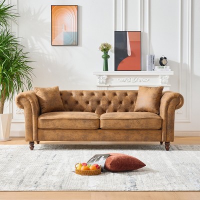 83" Chesterfield 3 Seater Sofa,Classic Rolled Arm Couch with Stain Resistant Tech Fabric & Button Tufting for Living Room-Baofuwish