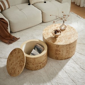 Kumasinova 2-Piece Nesting Round Coffee Table Set,MDF Side Table with Burl Wood Veneer,Space-Saving Coffee Tables for Living Room,Brown - 1 of 4