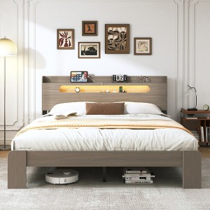 Queen Size Wood Platform Bed with Storage LED Light Headboard and 2 USB - 1 of 4