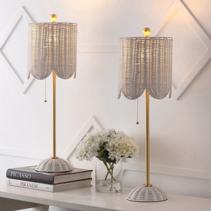JONATHAN Y Celerie 27.5" Coastal Bohemian Rattan/Iron Scalloped Buffet LED Table Lamp with Pull Chain (Set of 2) - 1 of 4