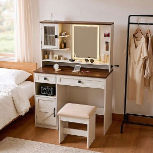 Resenkos Farmhouse Makeup Vanity Desk with Mirror and Lights,Dressing Table Set,White - 1 of 4