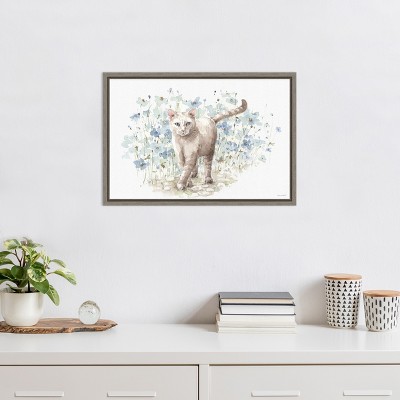 Bohemian Blue Cat Canvas Wall Art Print with Gray Frame