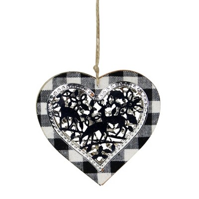 Northlight 4.25" Black and White Buffalo Plaid Heart with Reindeer Christmas Ornament