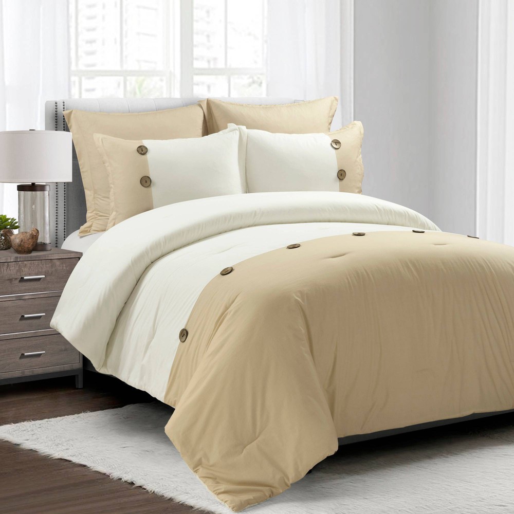 Photos - Bed Linen Lush Décor 5pc King Linen Button Comforter Set Beige: Microfiber, Cotton Blend, Machine Washable